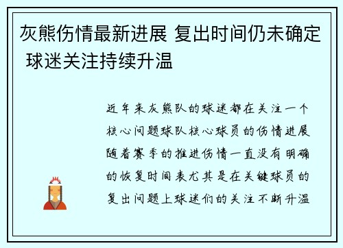 灰熊伤情最新进展 复出时间仍未确定 球迷关注持续升温